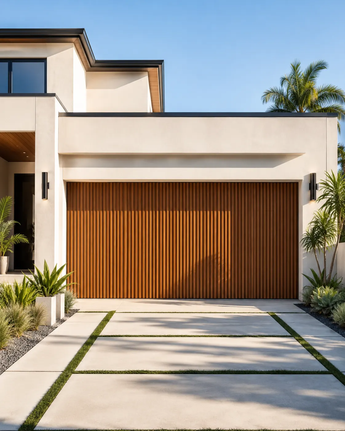 Design option: vertical wood-look slat garage door on a modern white home