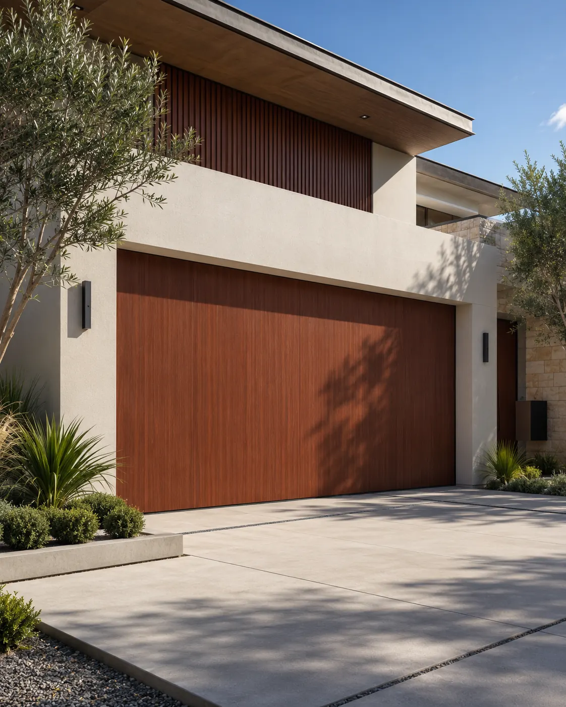 Design option: horizontal wood-look panel garage door on a modern two-tone home