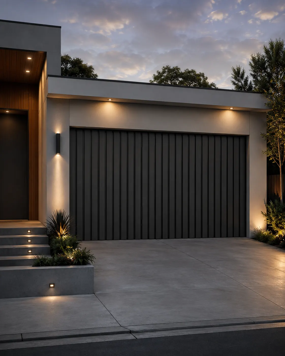 Design option: charcoal vertical-groove garage door with accent lighting