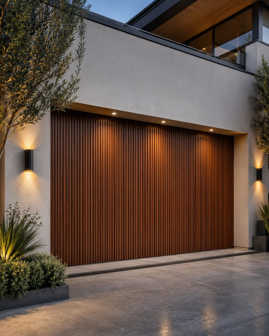 Design option: vertical wood-slat garage door on a modern home at dusk