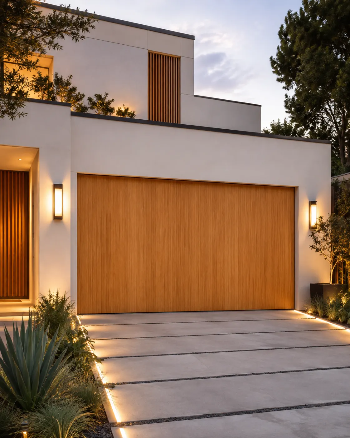 Design option: natural wood-look flush panel garage door with wall sconces