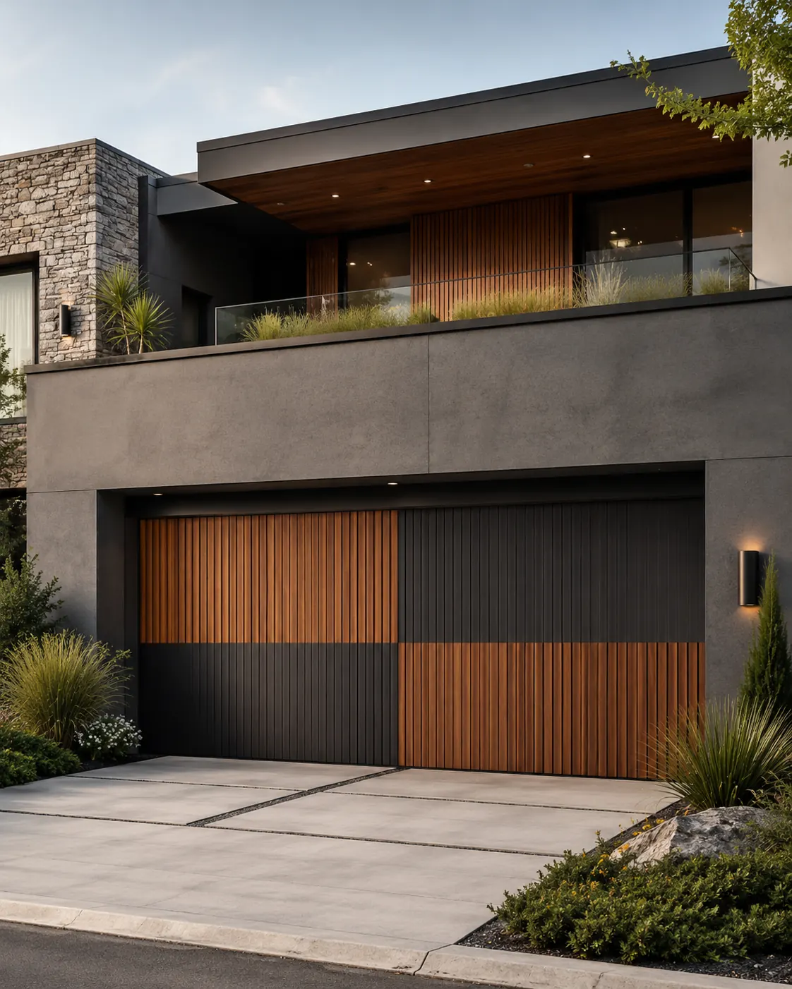 Design option: two-tone wood and charcoal slat garage door on a modern home