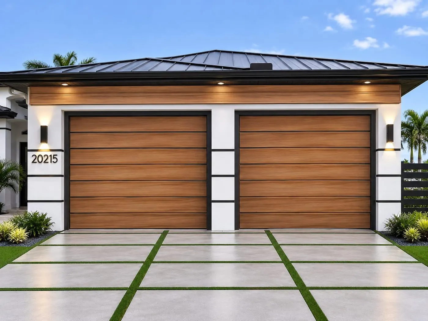 Design option: pair of horizontal wood-look plank garage doors under a metal roof