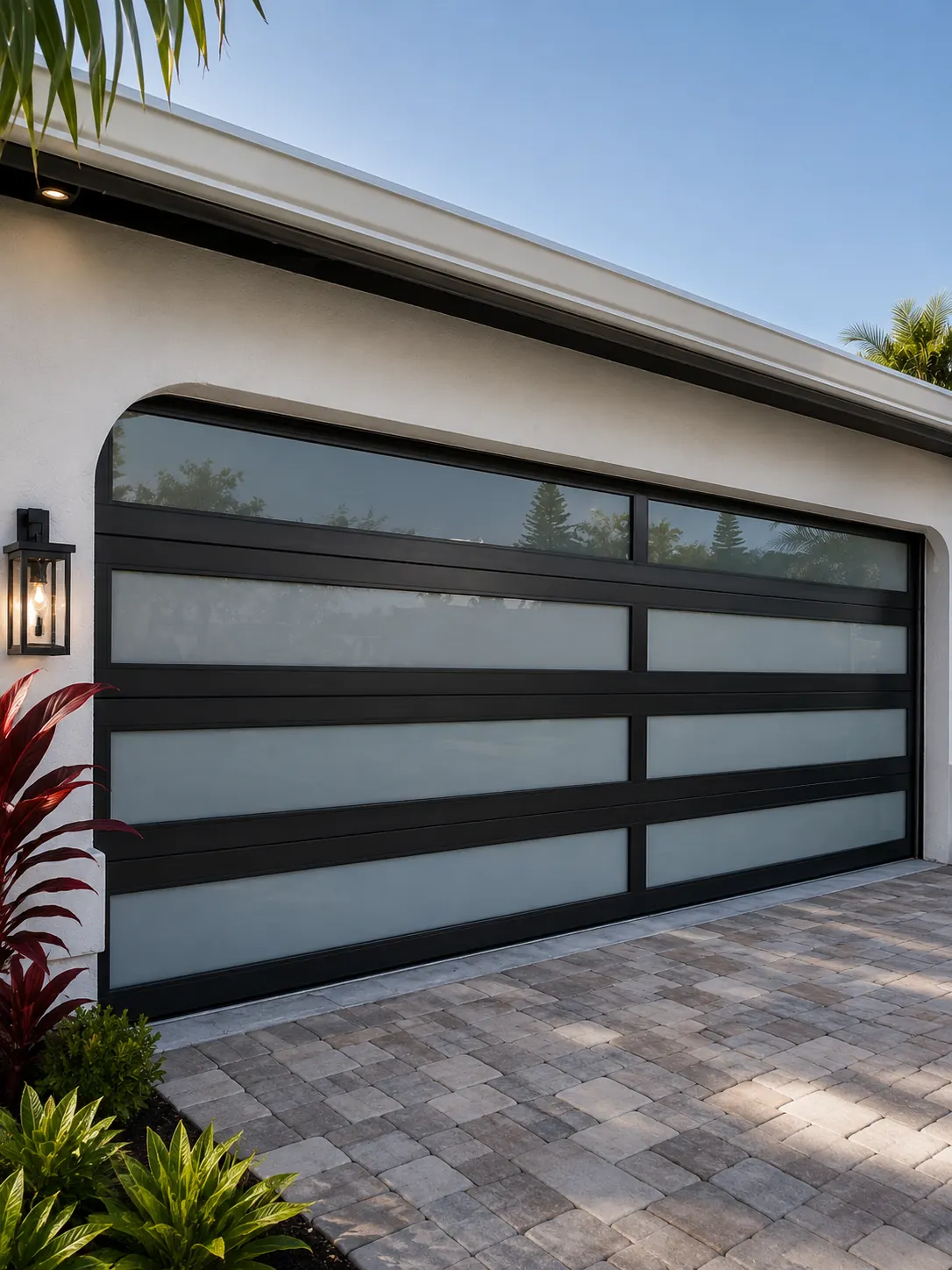 Black aluminum frame impact glass garage door with frosted panels on a paver driveway, Miami home