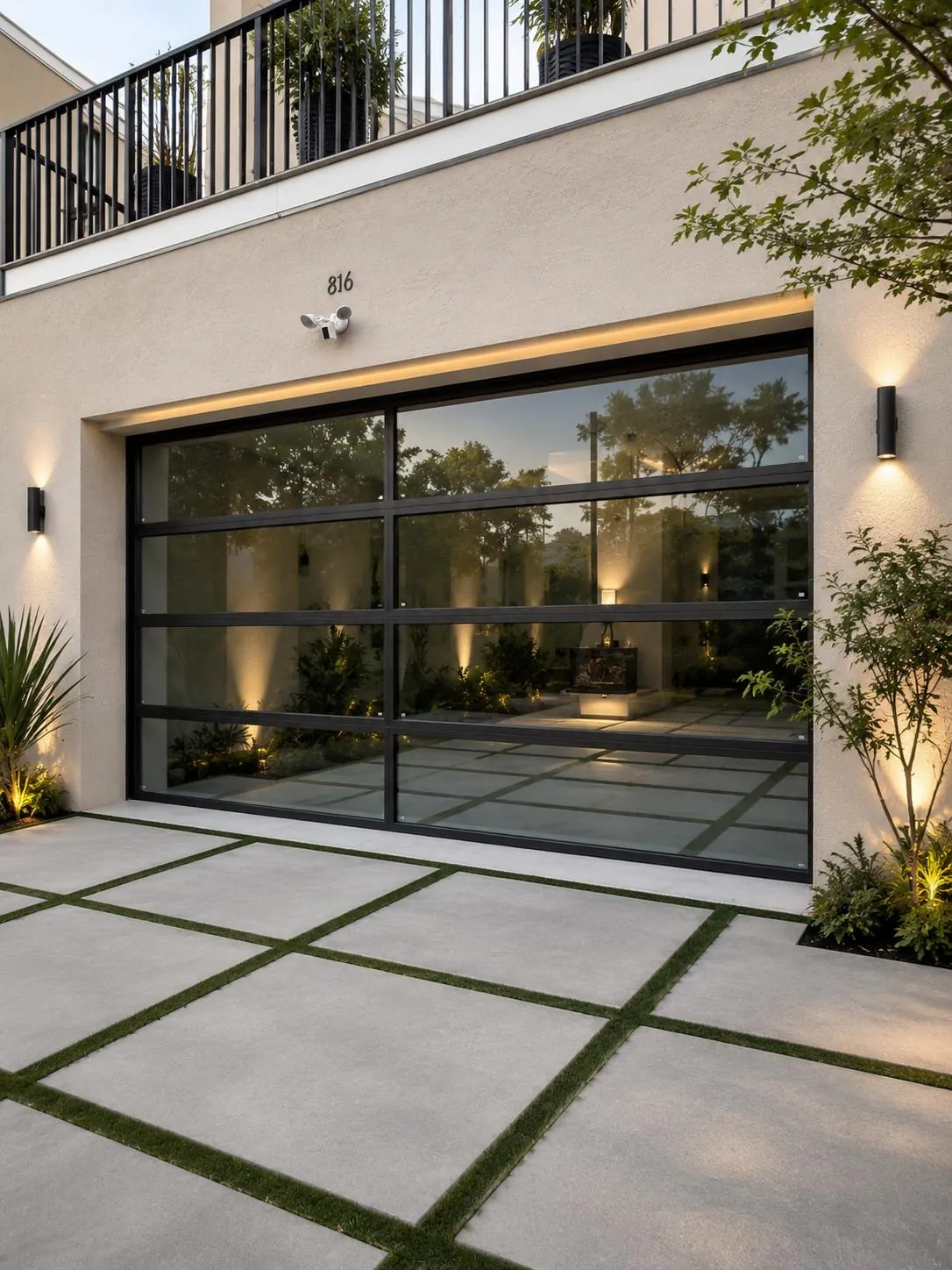 Black frame full-view impact glass garage door with clear glass and landscape lighting, modern Miami home